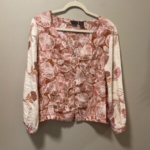 Tahari Dusty Rose & Tan Printed Linen Blouse
